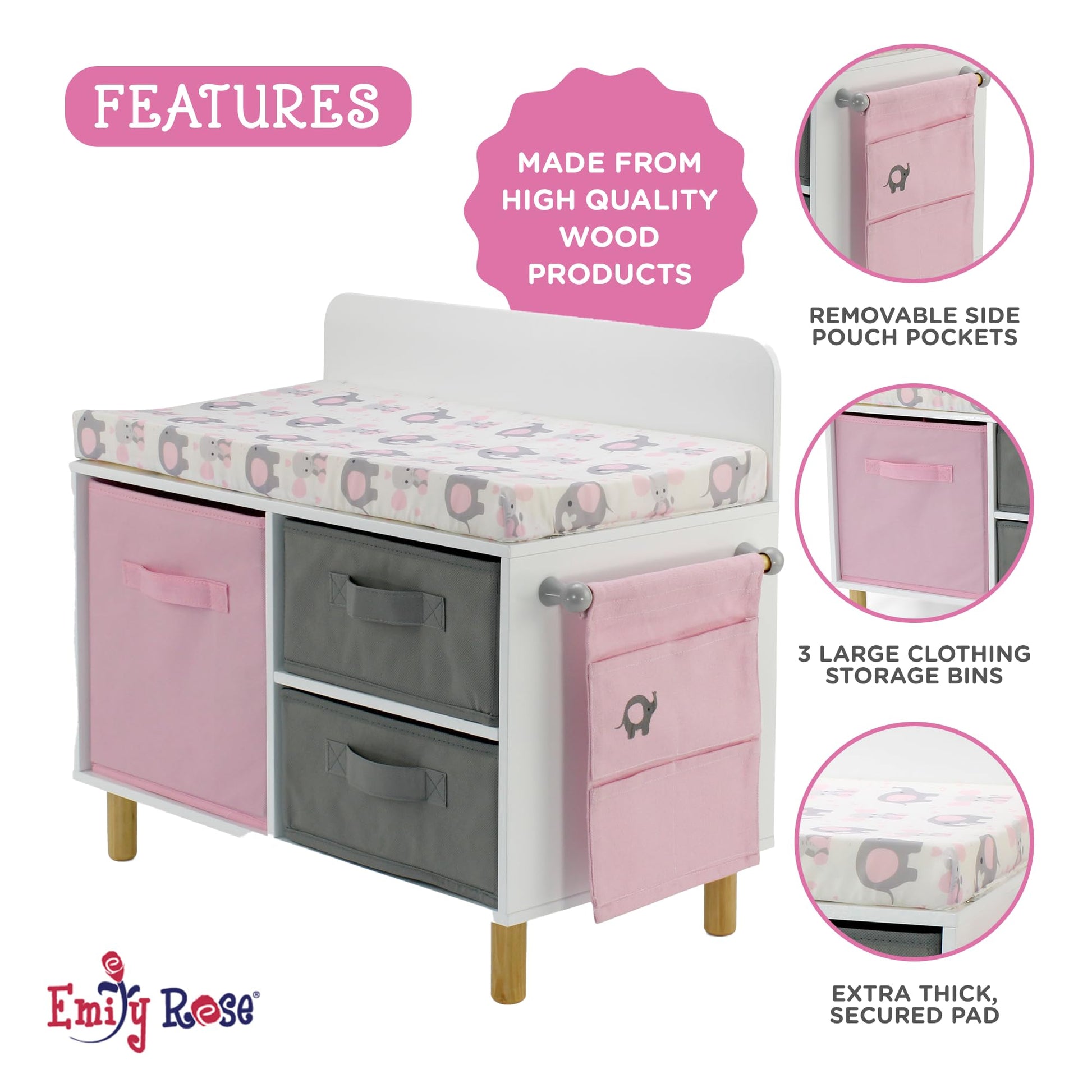 Emily Rose 14-19 Inch Baby Doll Nursery Furniture Changing Table - Elephant Theme with Large Storage Bins, Accessories Pouch & Thick Pad - Doll NOT