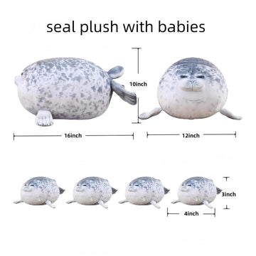 TONGMAN 19.6Inch - Chubby Blob Seal Pillow Cute Seal Plush with 4 Baby Plushies in Her Tummy, Soft Cotton Stuffed Animals Toy - Kids Gifts