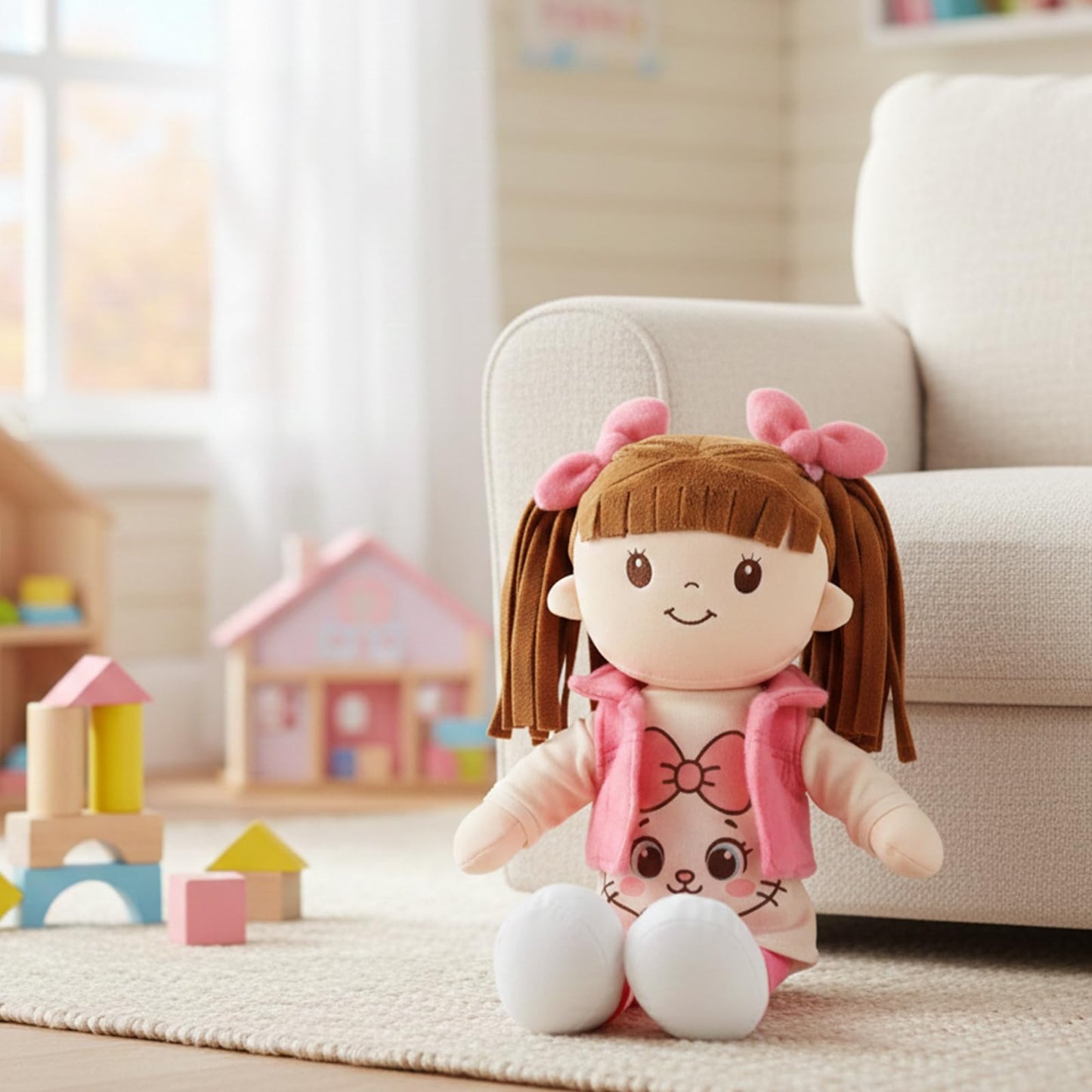 Linzy 15" Little Sweet Hearts Molly Doll, My First Doll Plush Rag Doll for Girls - Soft Baby Doll with Braided Pigtails & Bows, Washable Sensory Cloth
