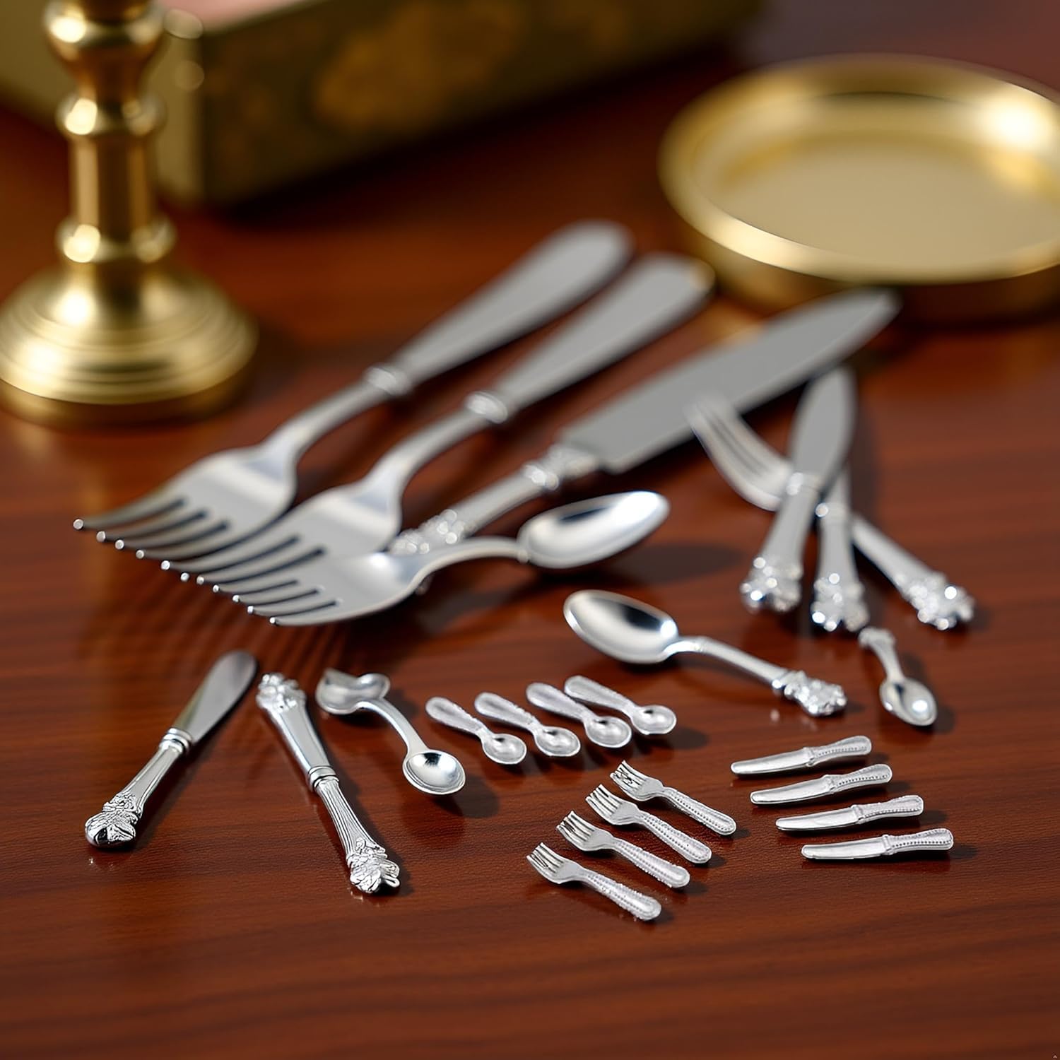 12-Piece 1/12 Scale Silver Miniature Cutlery Set - Stainless Steel Dollhouse Accessories for Cupcake Decorations and Model Displays (0.8" Tiny