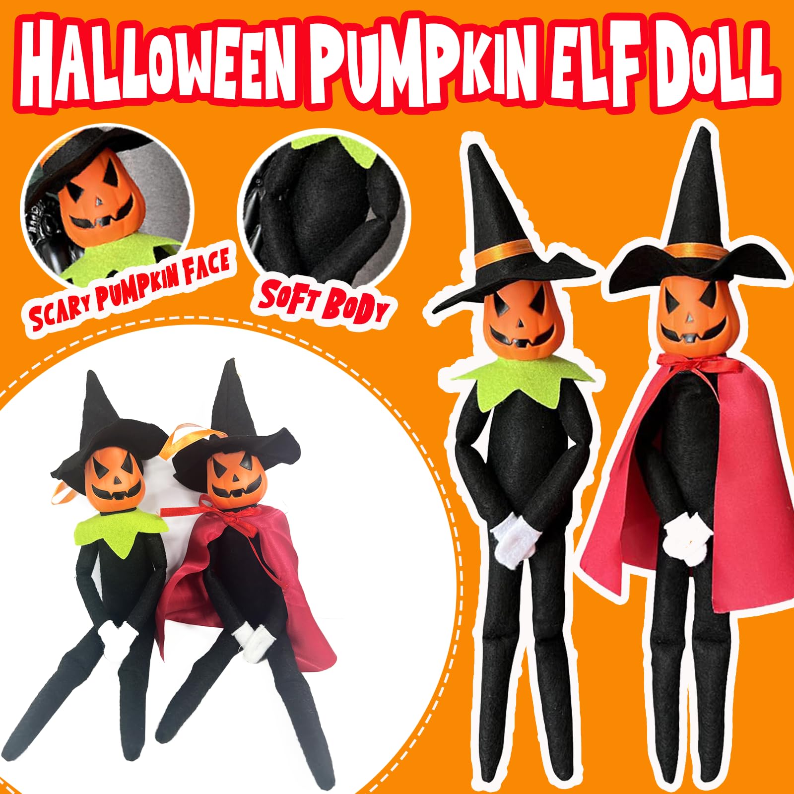 Rugwun 14Inch Halloween Pumpkin Elf Plush, Handmade Stuffed Ornament