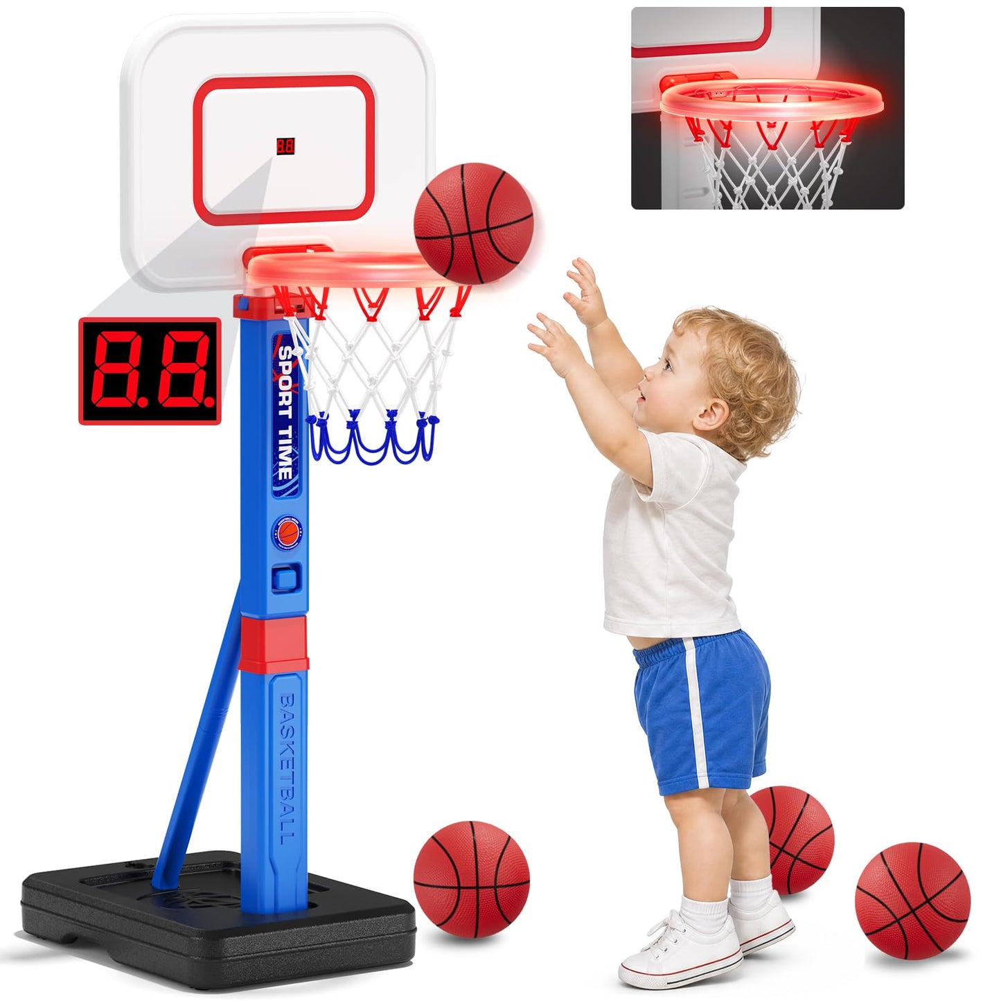HYES Kids Basketball Hoop with Scoreboard/LED Basketball Rim for Child 3-5