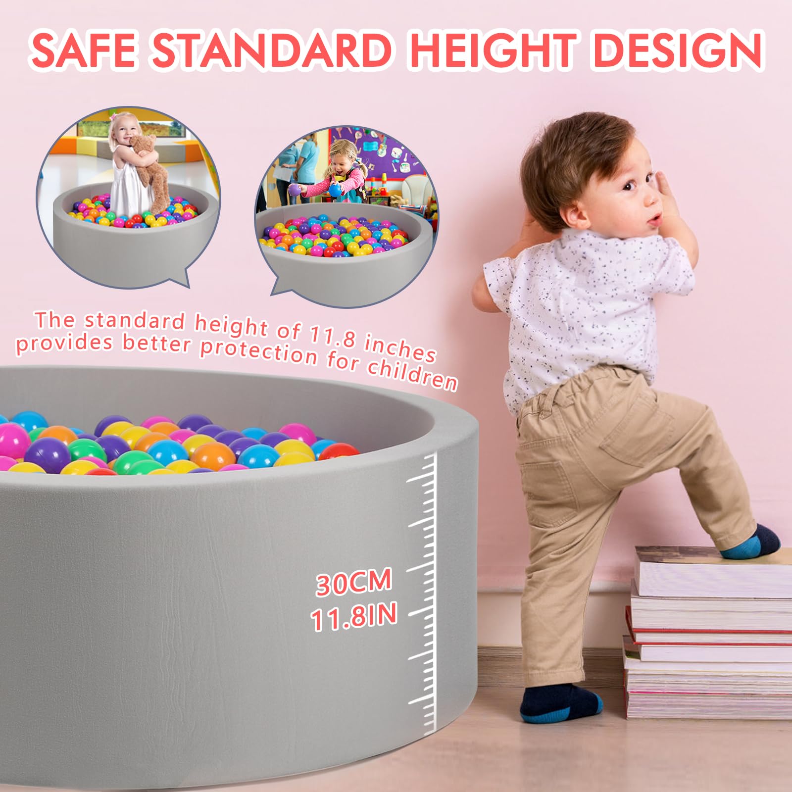 COZYTRAUM Foam Ball Pit with Velvet Cover, 35x12 Inch Round Grey Play Pool for Toddlers,Ideal Gift for Kids Indoor Outdoor Game, Balls Not Included