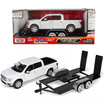 Motormax 2019 Ford F-150 Lariat Crew Cab Pickup Truck with a Car Hauler, Truck & Tow Trailer Combo - 1/27 Scale Diecast Model, White, All Star Toys