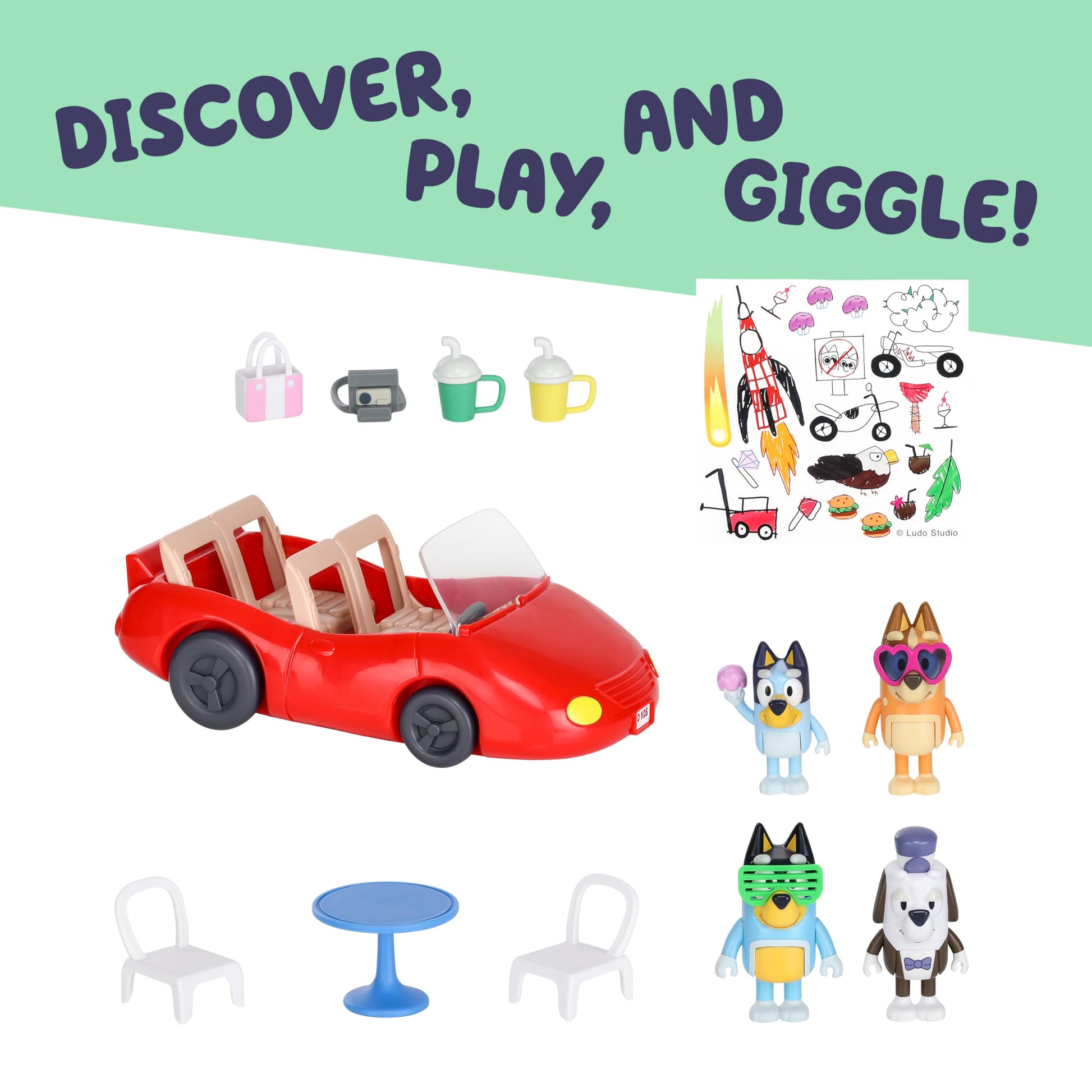 Bluey Escape Convertible Toy Car, 4 Figures & 9 Accessories