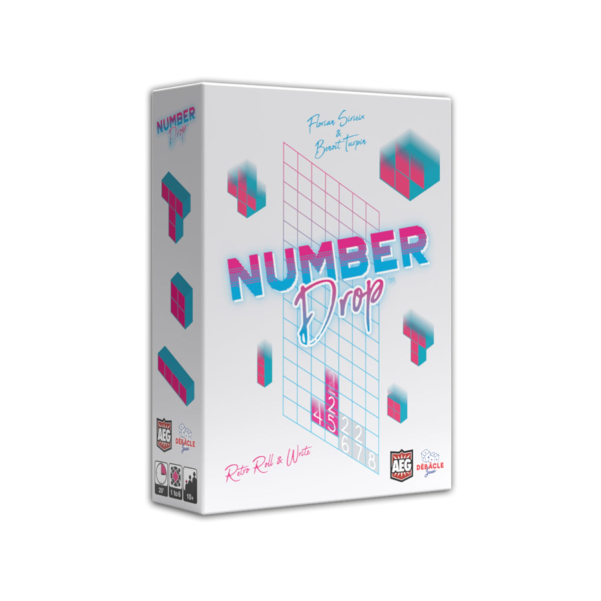 Number Drop, Roll & Write Polyomino Dice Game, Retro 80s Video Game Theme
