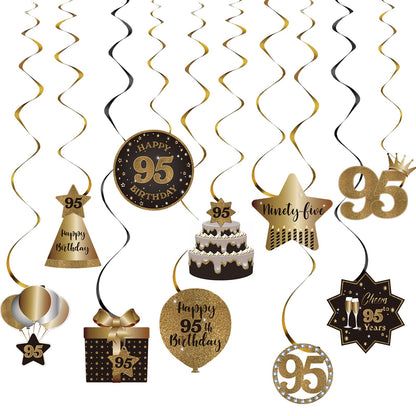 Happy 95th Birthday Party Hanging Swirls Streams Ceiling Decorations, Celebration 95 Foil Hanging Swirls with Cutouts for 95 Years Old Black and Gold