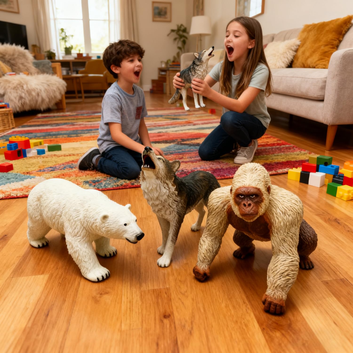 Jumbo Safari Animal Toys - Soft Zoo Playset for Kids, Realistic Wild Figurines, Educational Party Birthday for Kids Ages 3-12 (3 pcs Gorilla Wolf