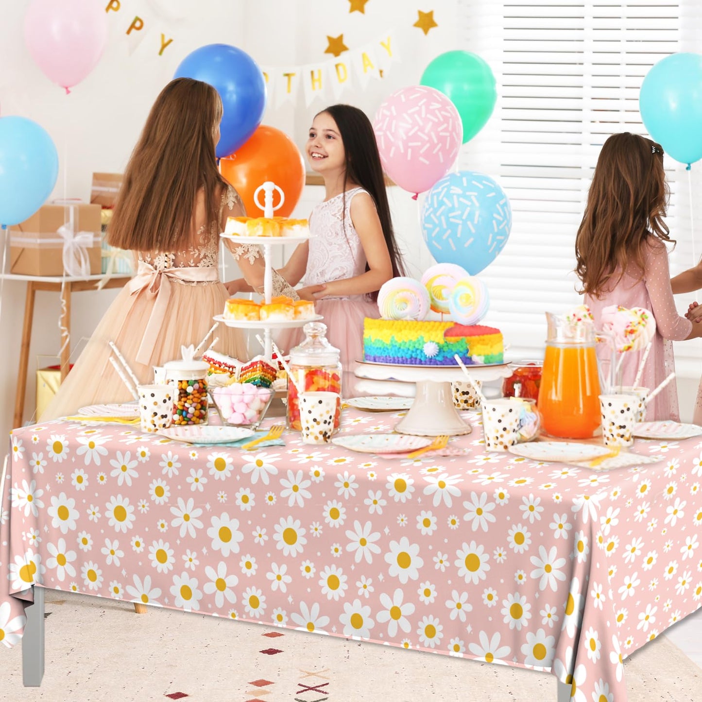Bezkega 3Pack Tablecloth, Groovy Daisy Table Cover Pink Flower Birthday Party Decoration, Plastic Retro Hippie Boho Daisy Party Table Cloths for Girl