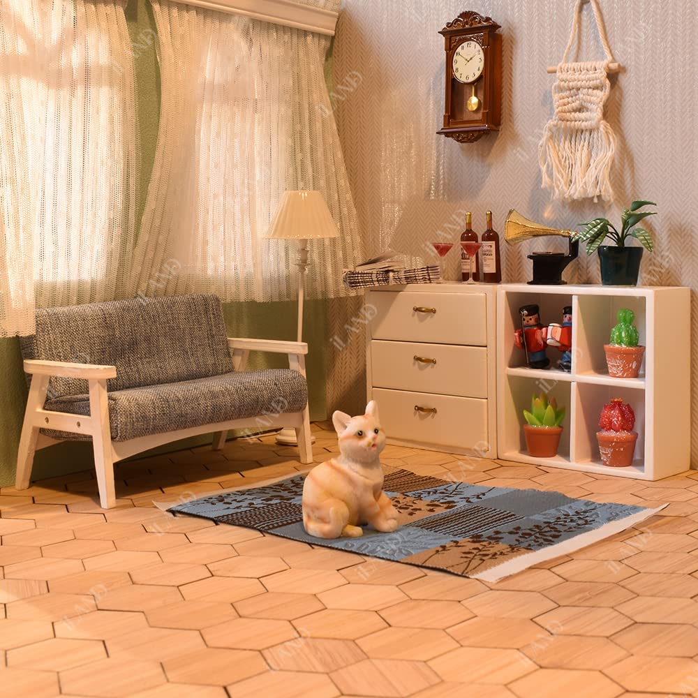 iLAND Dollhouse Couch and Miniature Sofa Set with Mini Houndstooth Cushions, Dollhouse Furniture on 1/12 Scale for Dollhouse Living Room (Sky Blue)