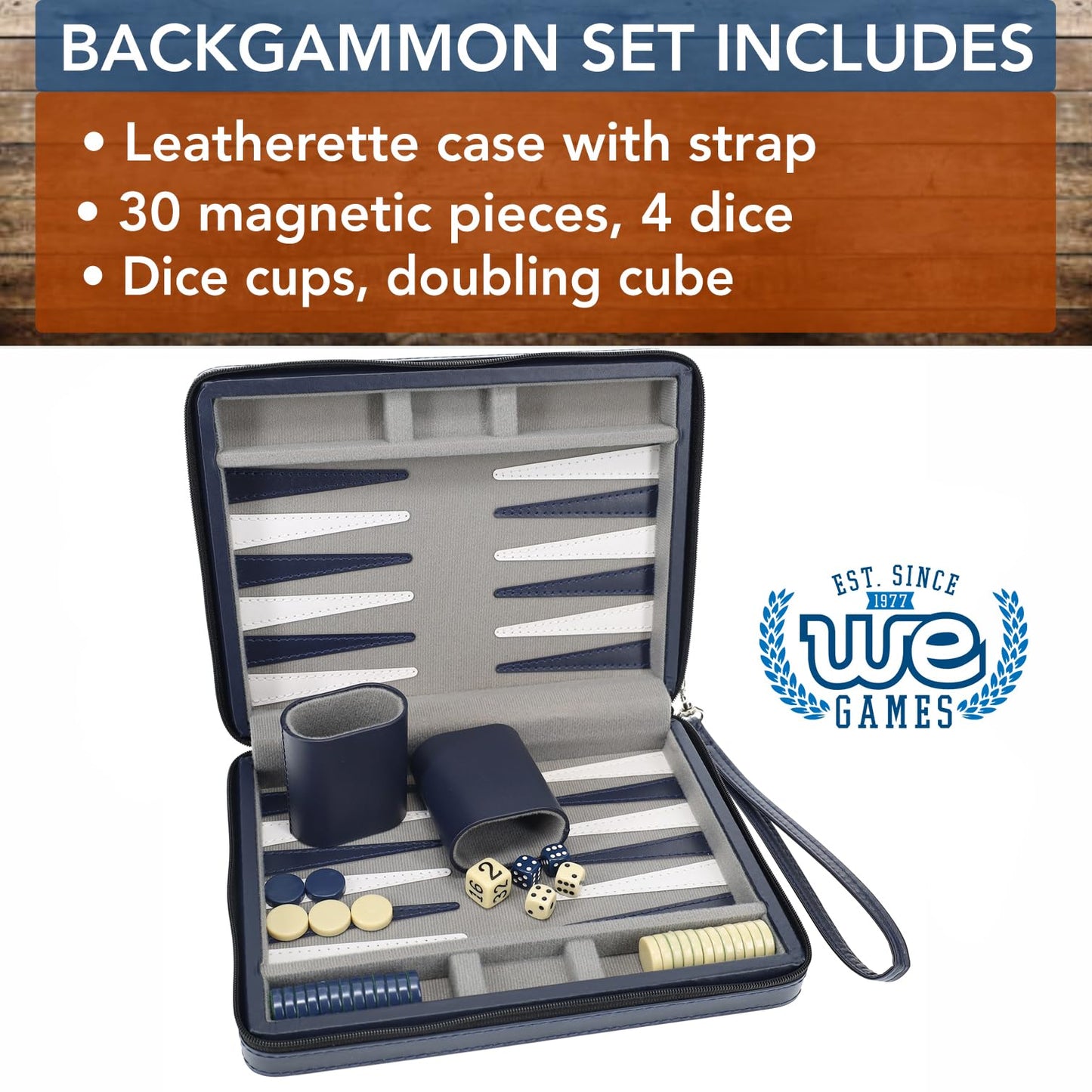 WE Games Custom Monogram Magnetic Travel Backgammon Set - Navy Blue