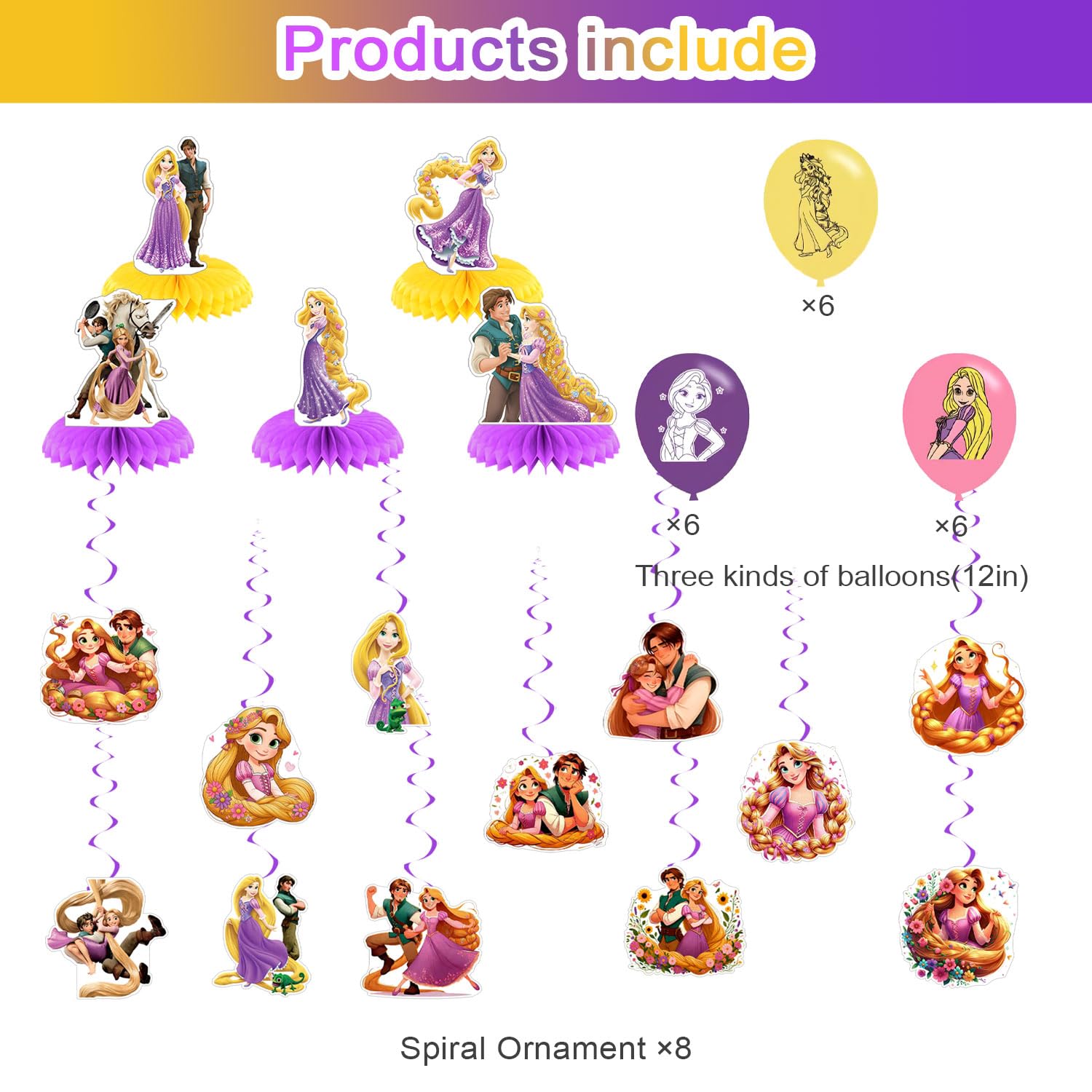 Long Hair Princess Birthday Party Decorations,Princess Party Supply Set for Kids with Happy Birthday Banner, Swirls,Centerpieces,18Balloons