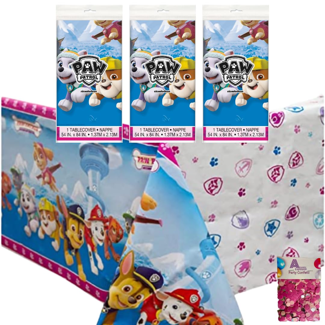 Unique Paw Patrol Party Tablecovers Featuring Skye and Friends, Pink, 54 x 84 Inch, 3 Pack, with Decorative Sparkly Confetti