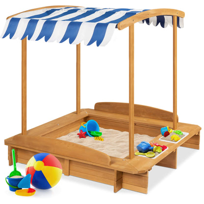 Best Choice Products Kids Wooden Cabana Sandbox Play Station for Children, Outdoor, Backyard w/ 2 Bench Seats, UV-Resistant Canopy Shade, Fabric