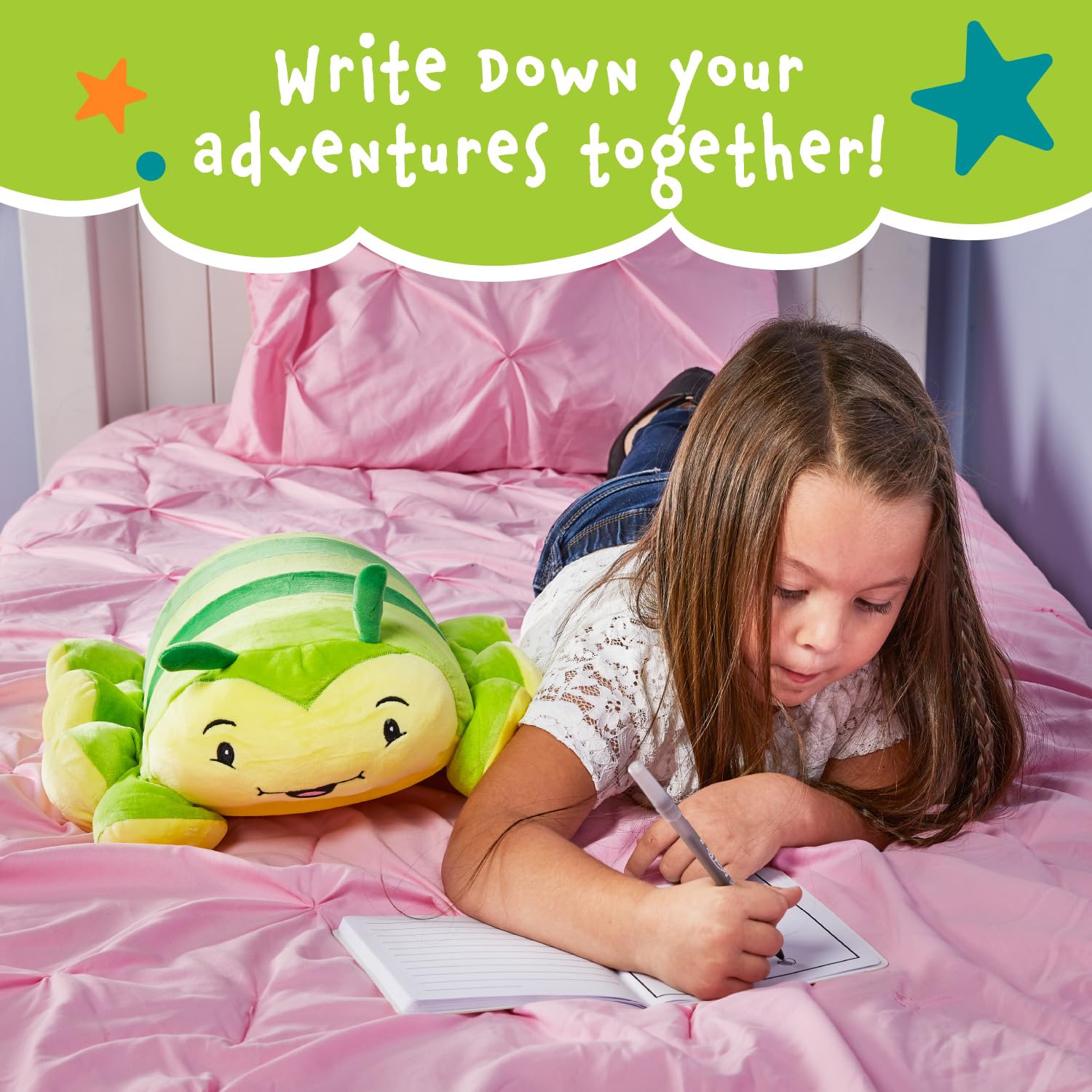 MEMORY MATES Charlie the Caterpillar Memory Foam Pillow Plush with Kid's Diary that Stores in Belly Pocket, 15” Stuffed Animal, 6" Journal