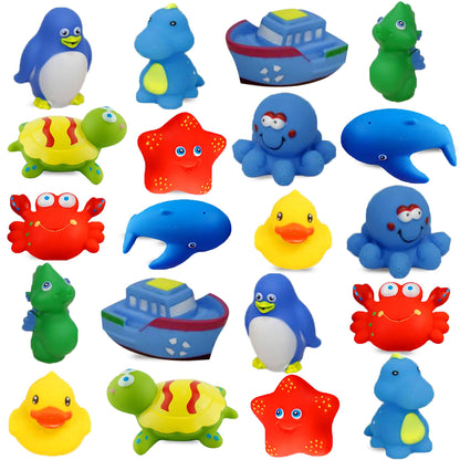 Dimple Bath Toys Set of 20 Vinyl Non-Toxic Floating Ocean Sea Animal Bathtub Toy, Assorted Colors and Shapes, Squeeze to Spray! Tons of Fun, Great