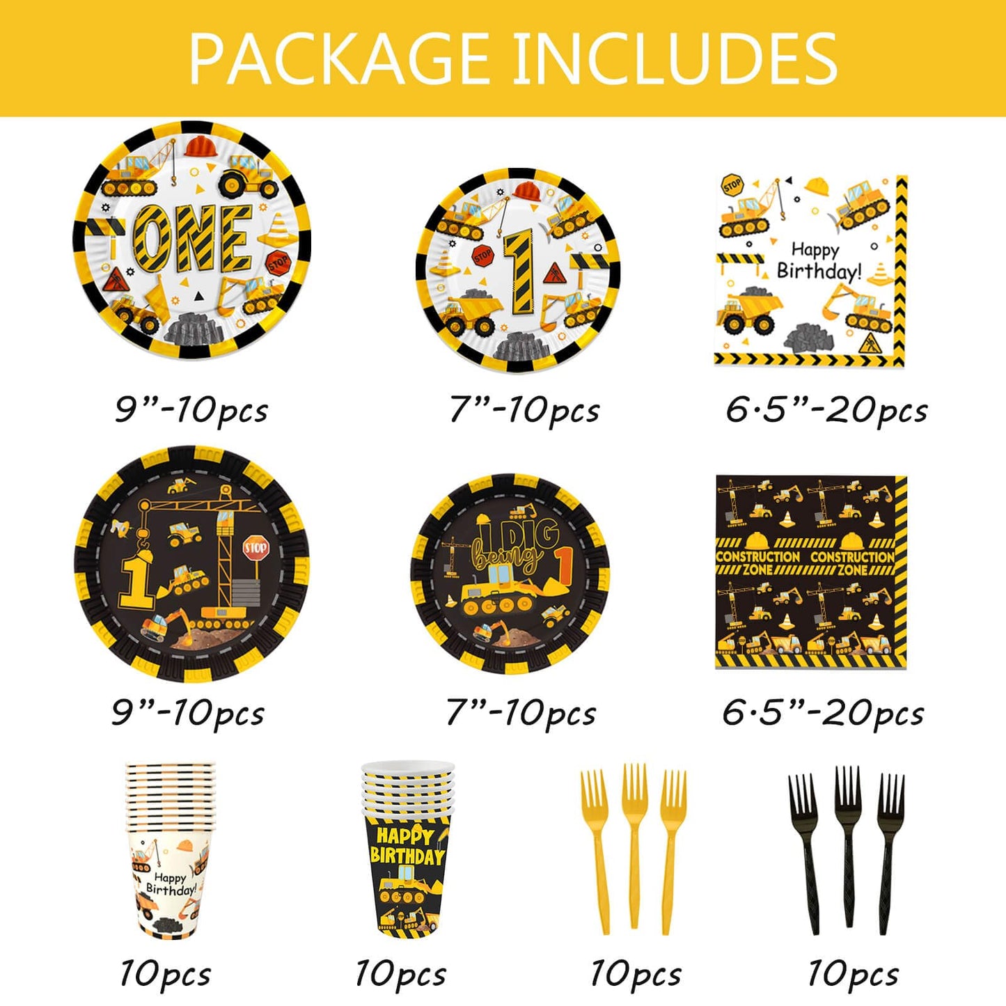 210 Pcs Construction 1st Birthday Decorations - Includes Plates Napkins Cups Cake Cupcake Toppers Banner Hanging Swirls Tablecloths Balloons
