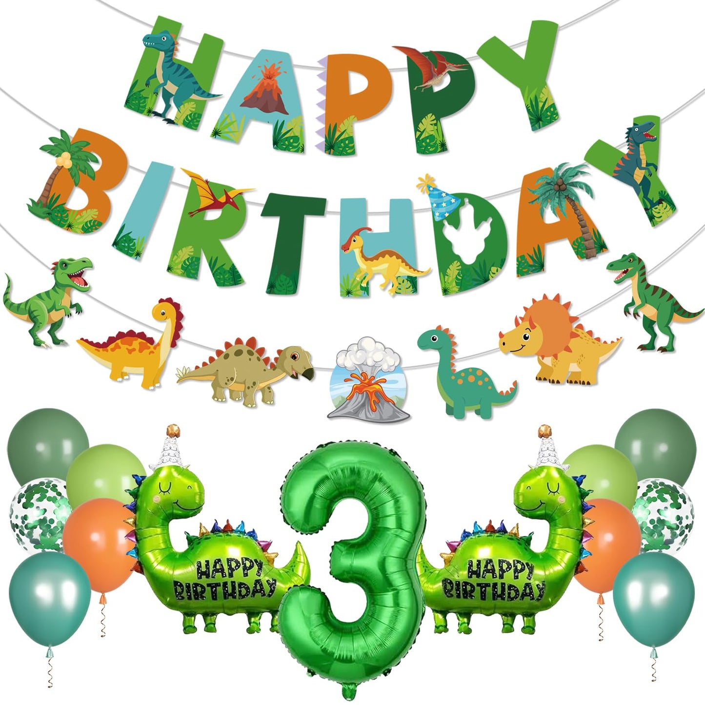 Dinosaur 3rd Birthday Decorations for Boys - Dinosaur Birthday Decorations with Banner Garland Number 3 Dinosaur Balloons for 3 Year Old Dino Party