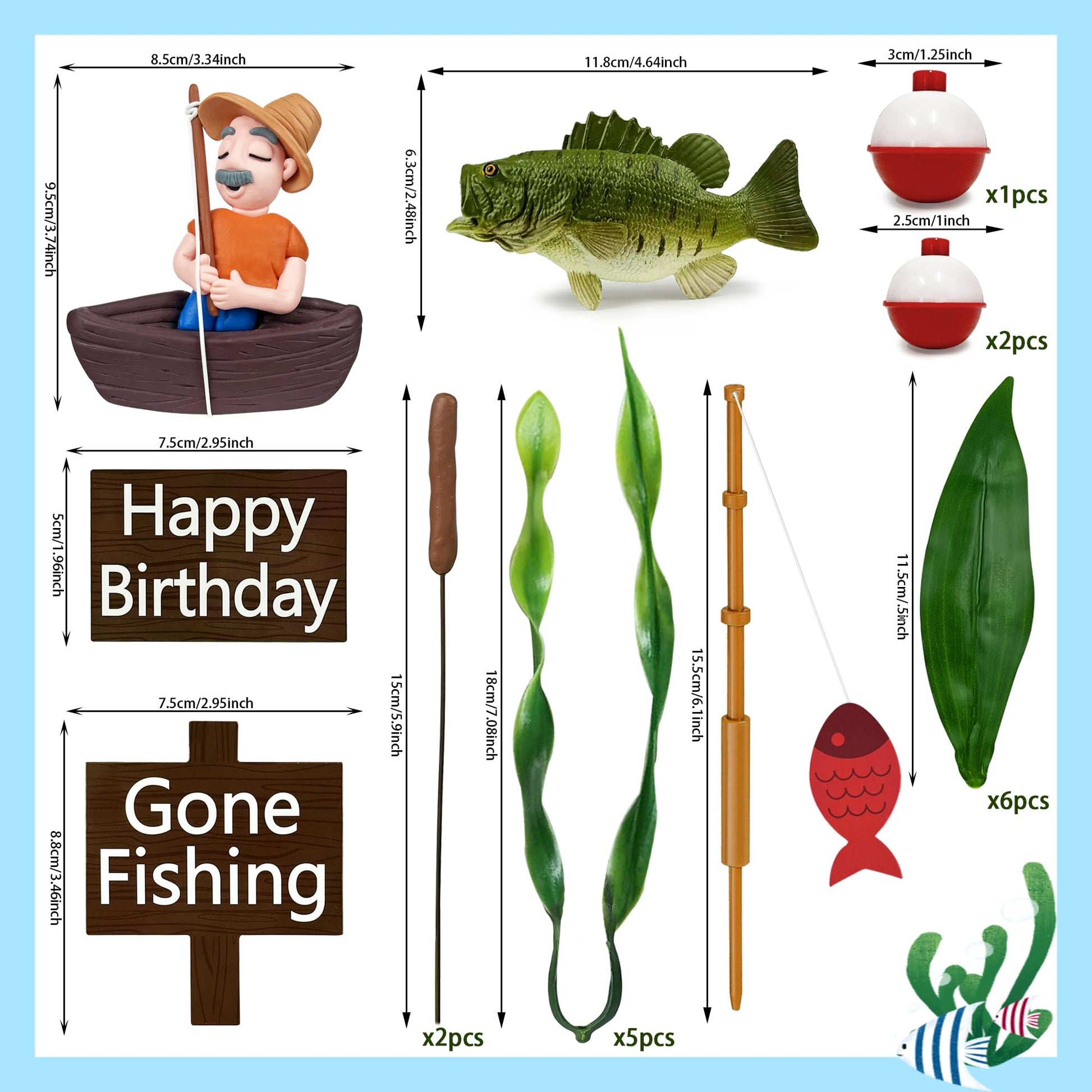 21 PCS Gone Fishing Cake Toppers Fisherman Fish Cake Decoration for Gone Fishing Themed Party Supplies Decor
