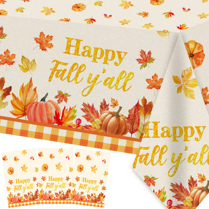 Fall Party Decorations 3PCS Happy Fall Y'all Tablecloth Autumn Pumpkin Maple Leaves Plastic Table Cloths for Fall Harvest Thanksgiving Party Supplies