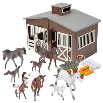 Constructive Playthings Deluxe Toy Horse Stable Playset with 8 Horse Toys and Accessories, BPA-Free Farm Set, Use and Birthday Gifts, Brown, 23 pc