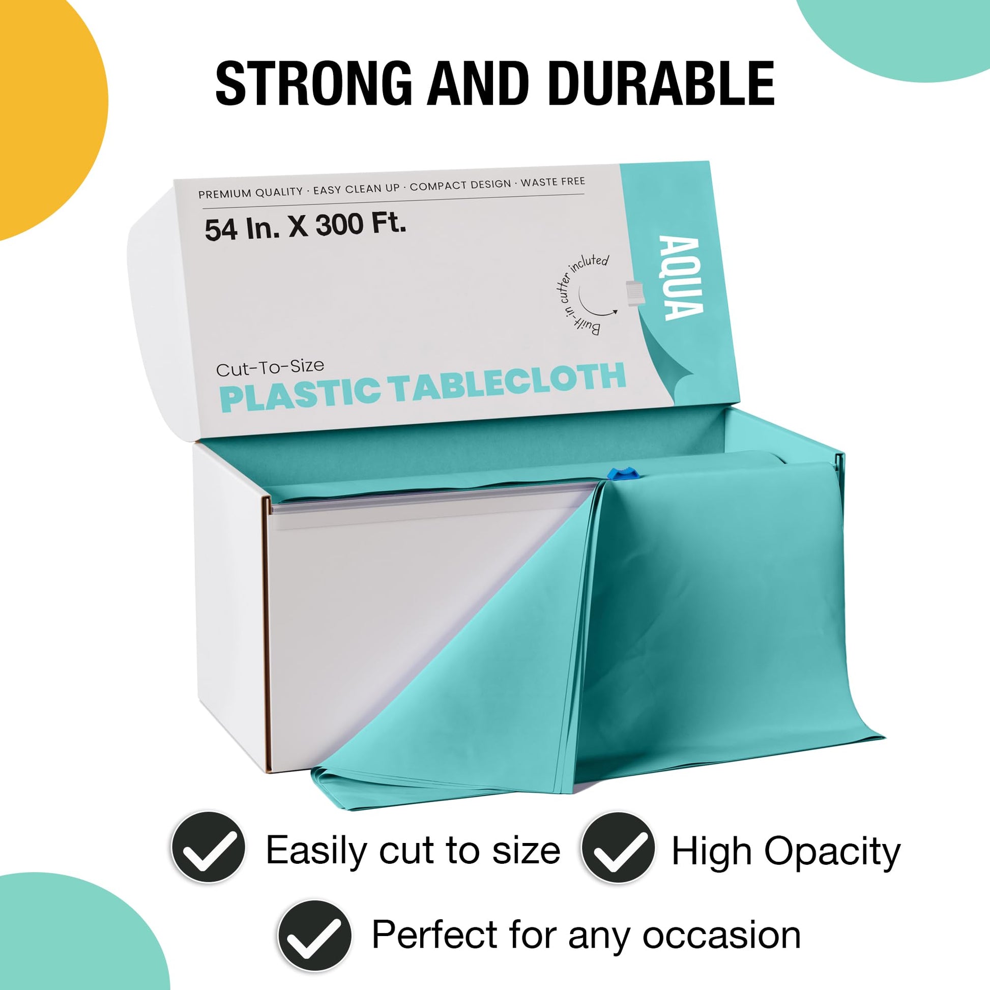 Exquisite Party Solids 54 Inch X 300 Feet Aqua Plastic Table Cover Roll in A Cut - to - Size Box with Convenient Slide Cutter. Cuts Up to 36 Rectangle