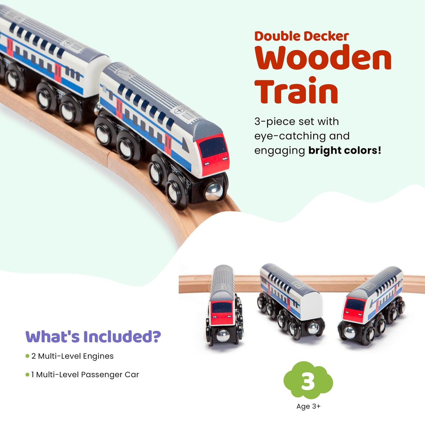 Maxim Enterprise, inc. Double Decker Wooden Train Set of 2 Engines & 1 Passenger Car, Multi-Level Commuter Transit Toy, Compatible with Thomas