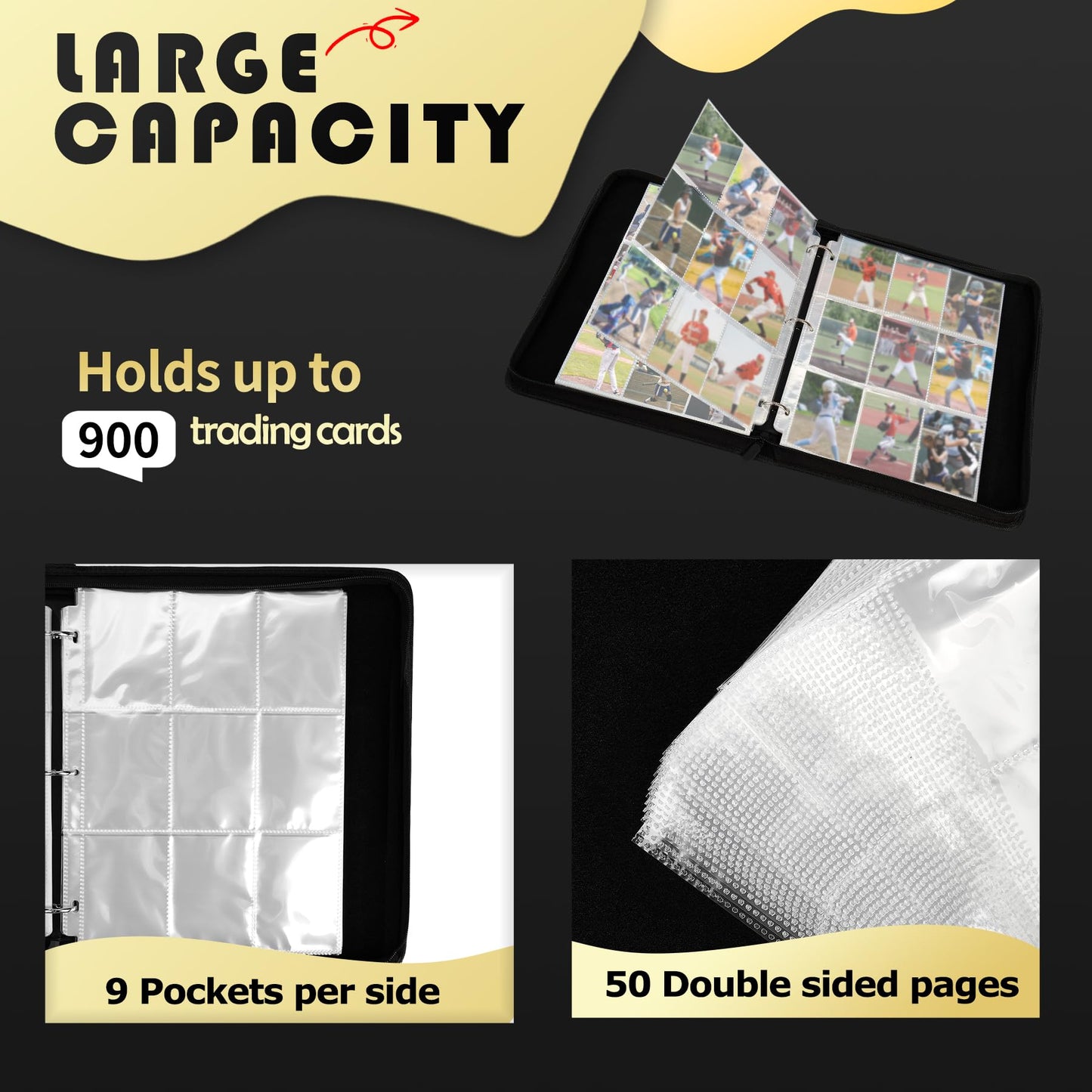 9-Pocket Trading Card Binder, PU Leather Zip Card Binder Album Holds 900 Cards for TCG, Sports Cards, Collectible Cards?BASEBALL PATTERN?