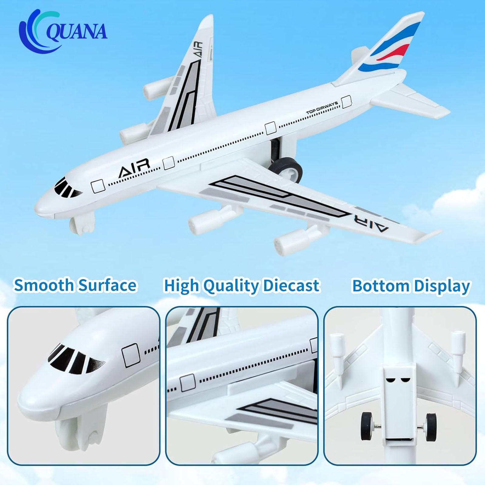 QUANA Airplane Toys 4 Pack, Toy Planes for Boys Age 3 4 5 6 7 8-12, Pull Back Alloy Planes Diecast Airplanes Model, Aeroplane Airlines Toy Plane