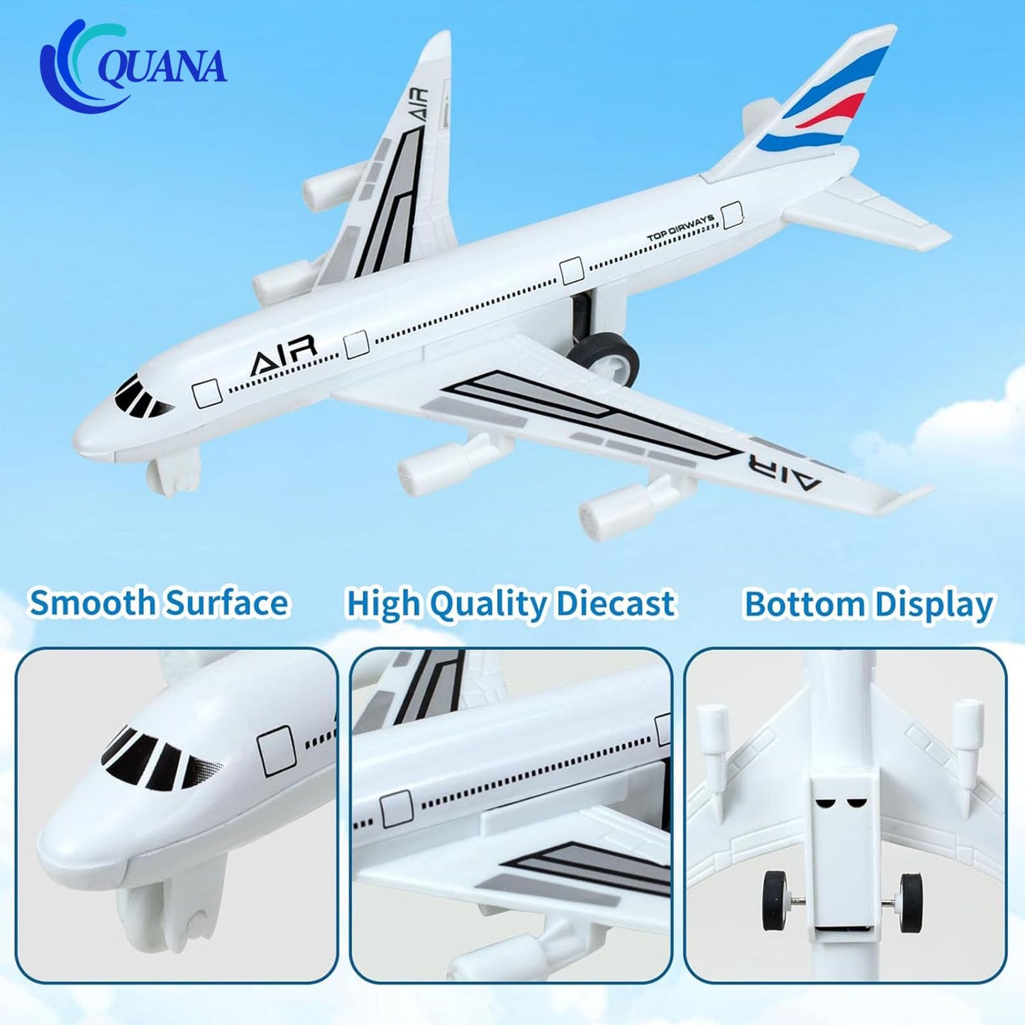 QUANA Airplane Toys, 6 Pack Metal Plane Pull Back Toy Airplanes for Kids 3-5 6 7 Years Old, Die Cast Aircraft Models Kids Play Vehicles Goodie Bag
