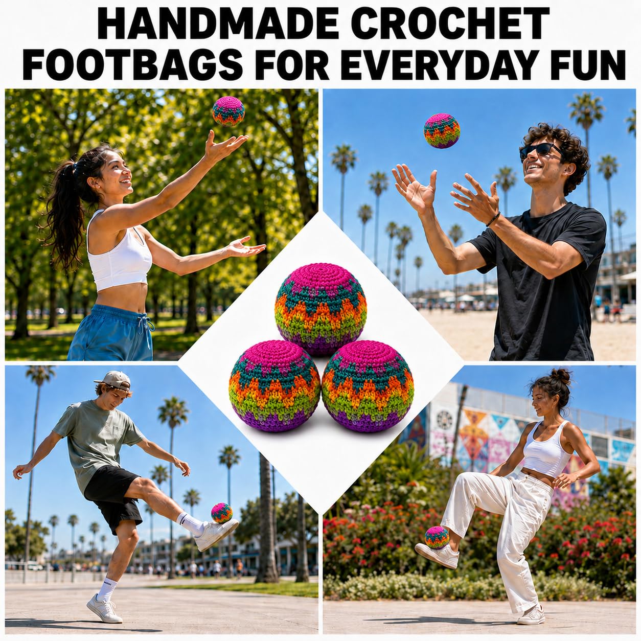 Norce Sactor 3 Pack Crochet Footbags, Random Colors Knitted Hacky Kick Sack Balls - Soft 40g Weighted Footbag Juggling Balls for Adults, Teens
