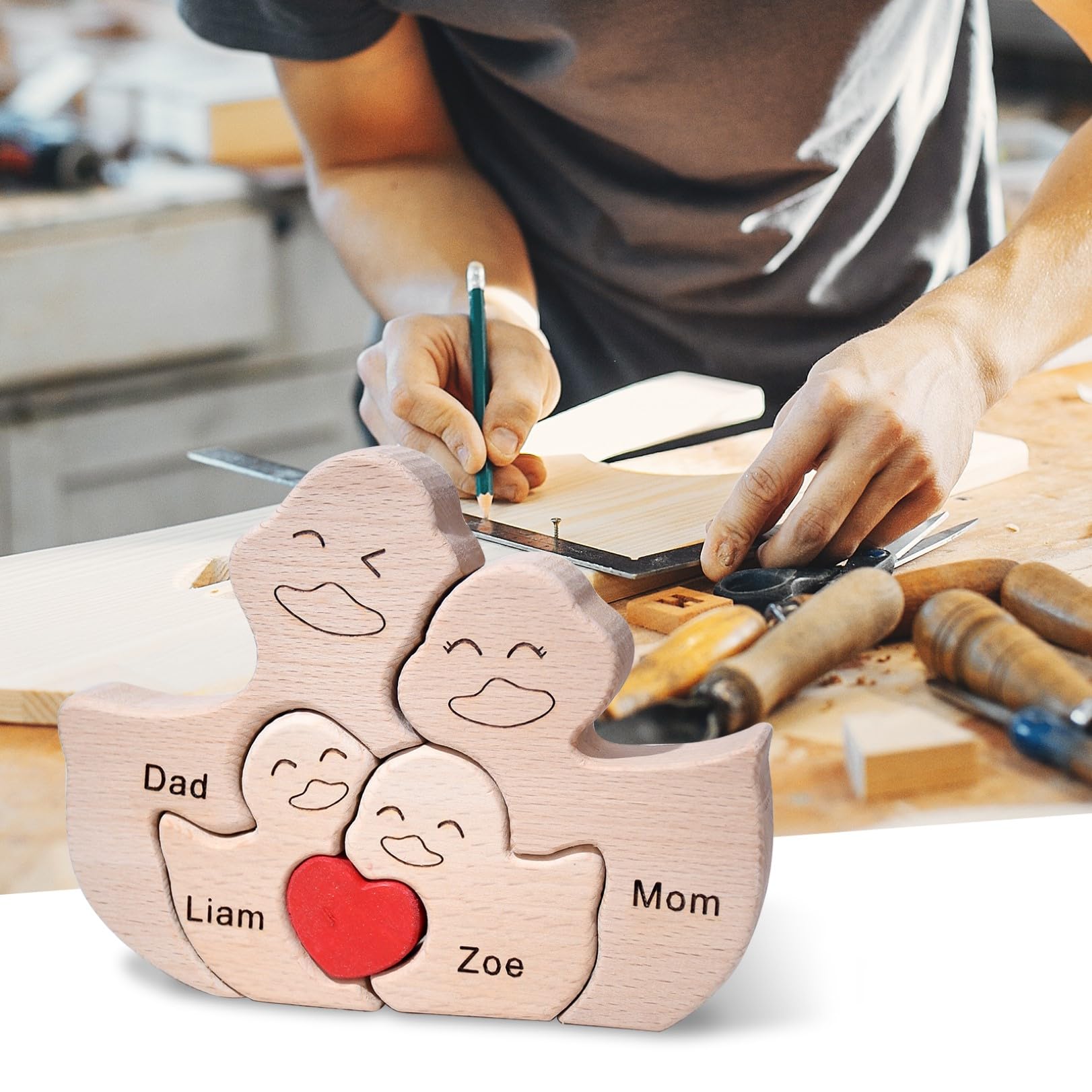 Personalized Wooden Cute Ducks Family Puzzle Toy, Customizable Puzzles with 2-5 Names, Love You Home Decor Gift for Mom Dad Grandma, Toddler Puzzle