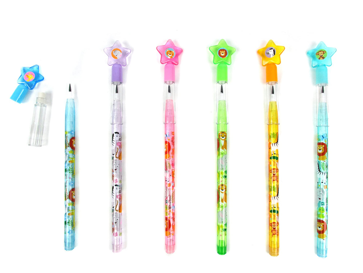 TINYMILLS 24 Pcs Safari Jungle Animals Stackable Push Pencil Assortment with Eraser for Party Favors Goodie Bag Stuffers VBS Classroom Rewards Pinata