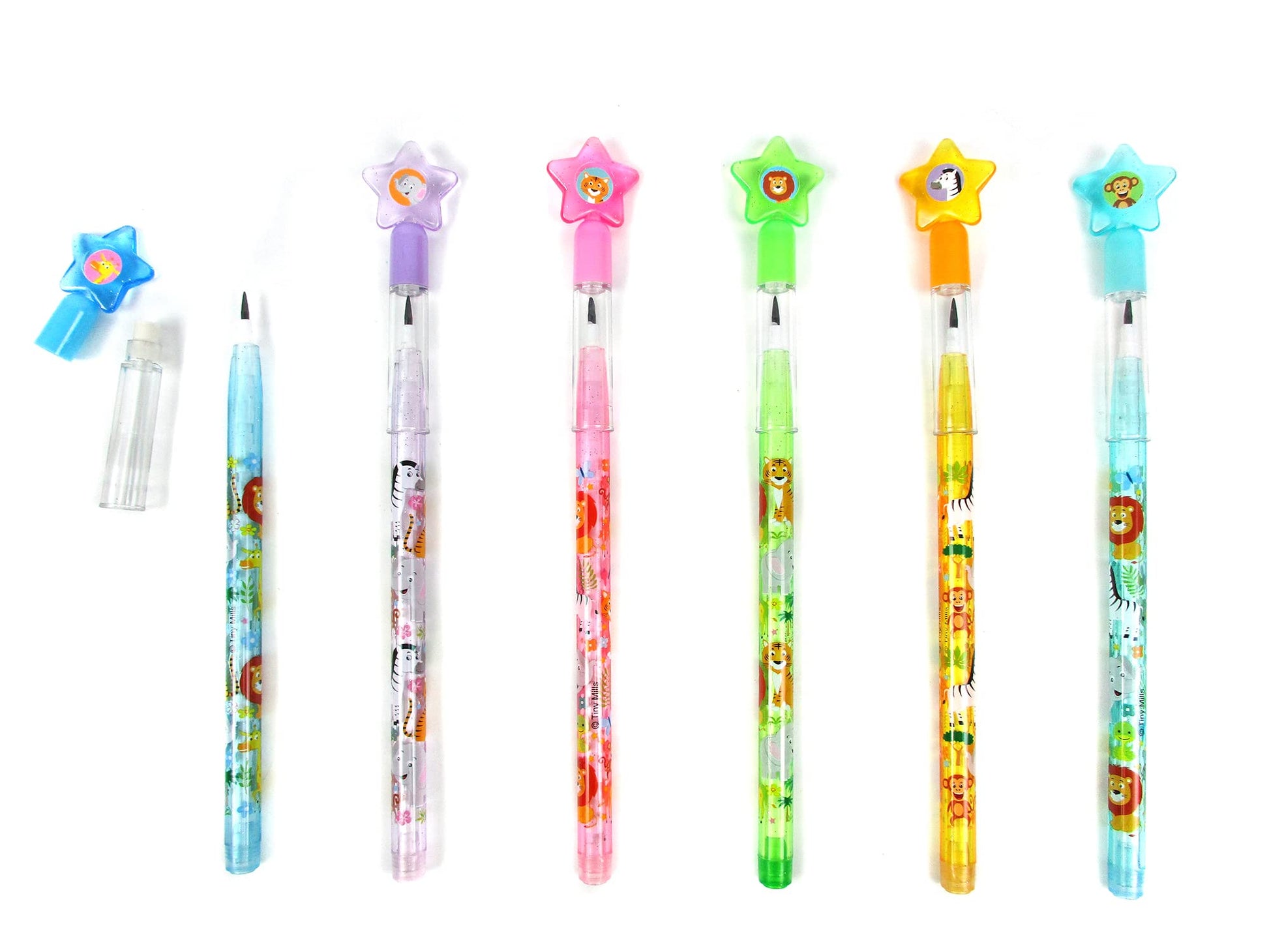 TINYMILLS 24 Pcs Safari Jungle Animals Stackable Push Pencil Assortment with Eraser for Party Favors Goodie Bag Stuffers VBS Classroom Rewards Pinata