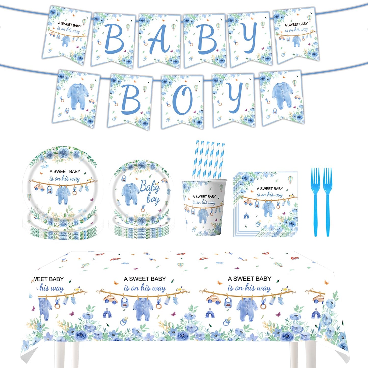 TOTOMA 162 Pcs Baby Shower Decorations for Boy Serve 25 Guest - Blue Theme All-in-One Party Supplies Kit with Plates, Cups, Napkins, Forks, Straws