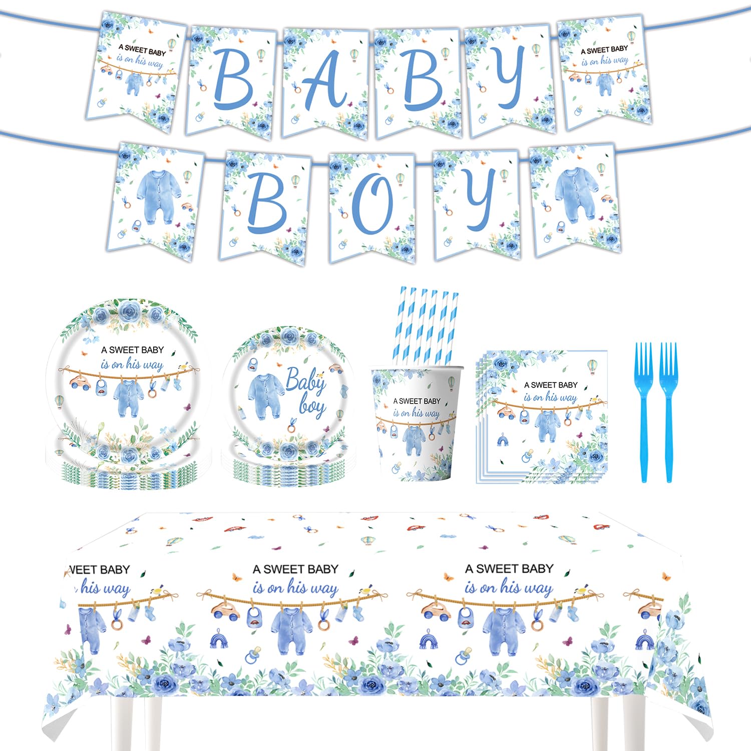 TOTOMA 162 Pcs Baby Shower Decorations for Boy Serve 25 Guest - Blue Theme All-in-One Party Supplies Kit with Plates, Cups, Napkins, Forks, Straws