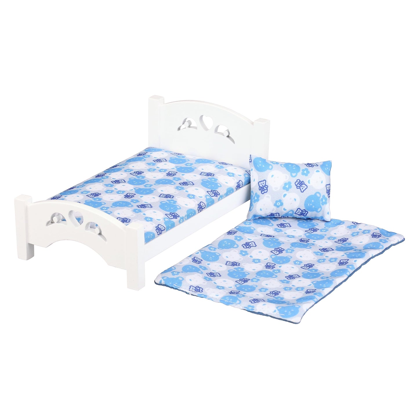 Dollhouse White Wooden Bed with Blue Bedding, 1:12 Scale Realistic Bedroom Furniture for 6 Inch Dolls