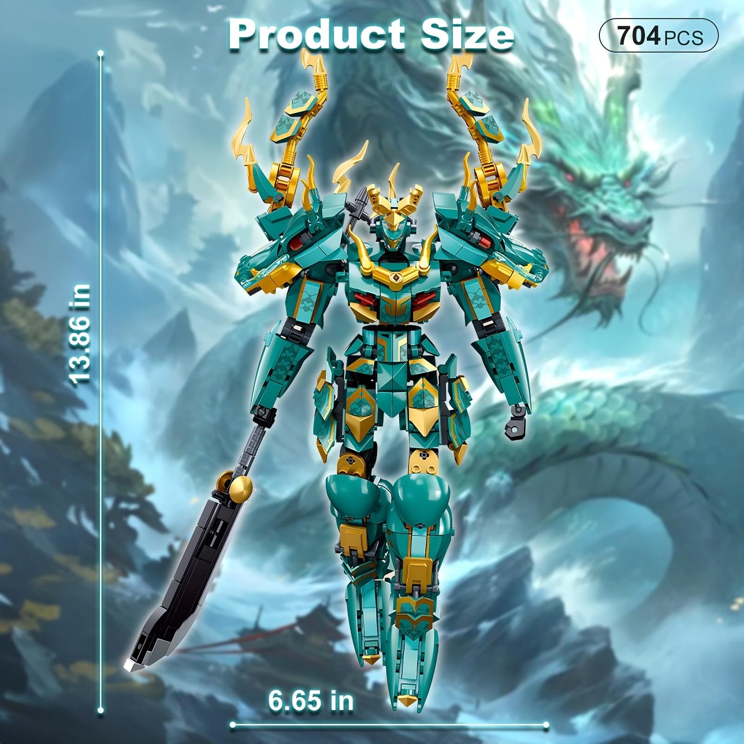 HIGH GODO Mech Robot Building Blocks Set for Adults, Cool Green Dragon Warrior Model Kit with Long Spear Toy Playset, 704 Pieces Collectible Mythical