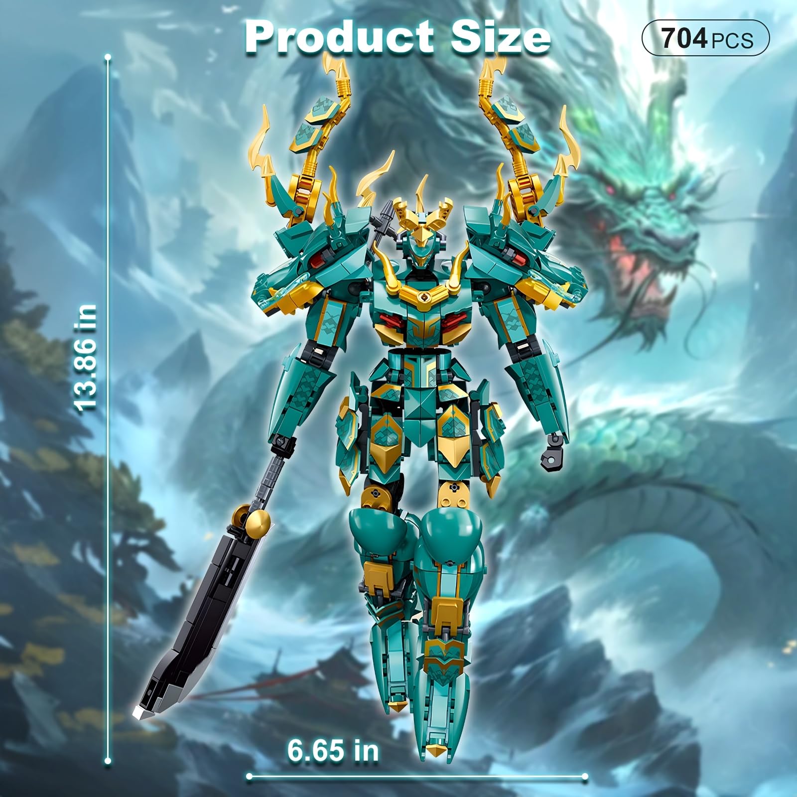HIGH GODO Mech Robot Building Blocks Set for Adults, Cool Green Dragon Warrior Model Kit with Long Spear Toy Playset, 704 Pieces Collectible Mythical