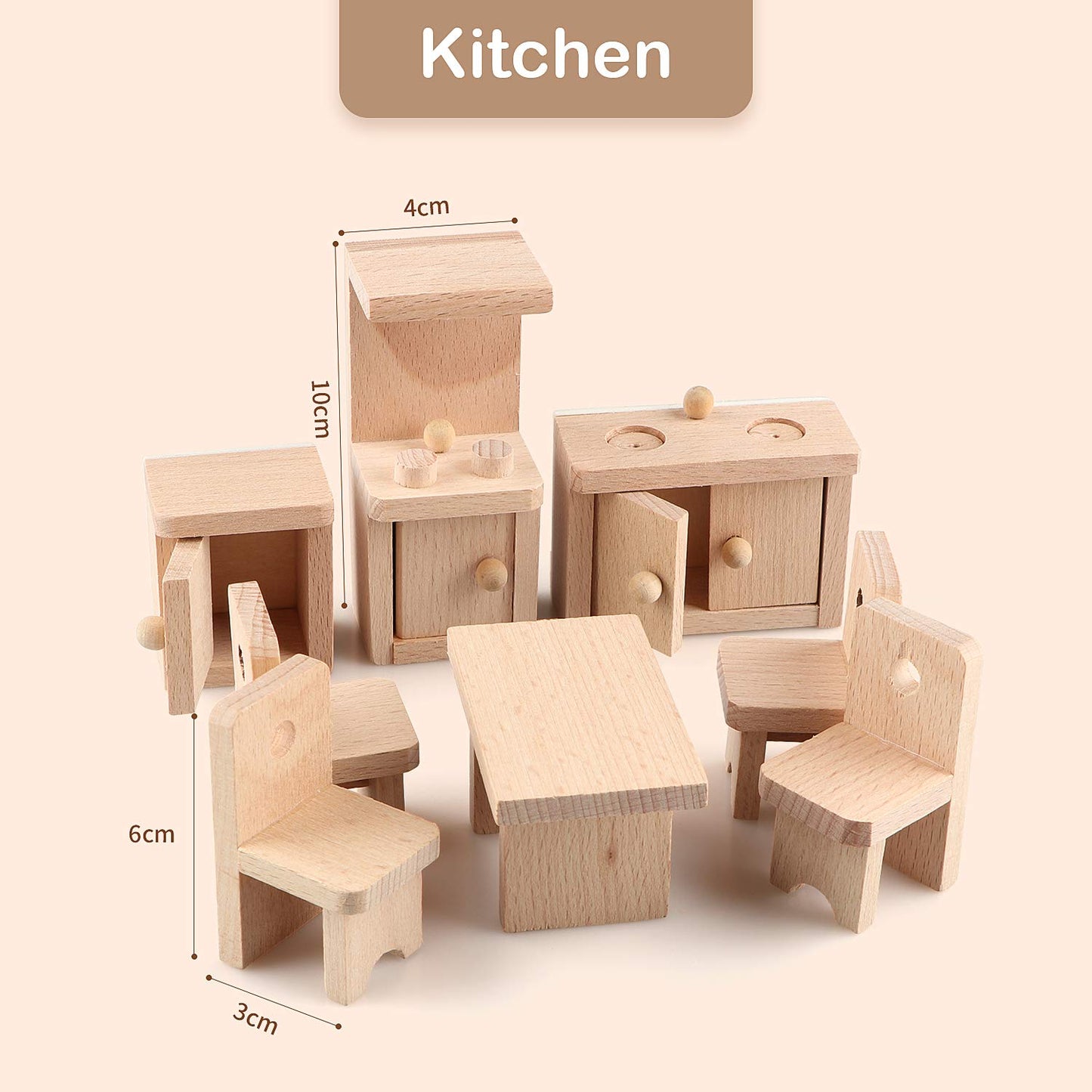 5 Set Dollhouse Furniture Accessories Wooden Bathroom/Living Room/Dining Room/Bedroom/Kitchen House 6 Family Doll Decoration Pretend Play Kids
