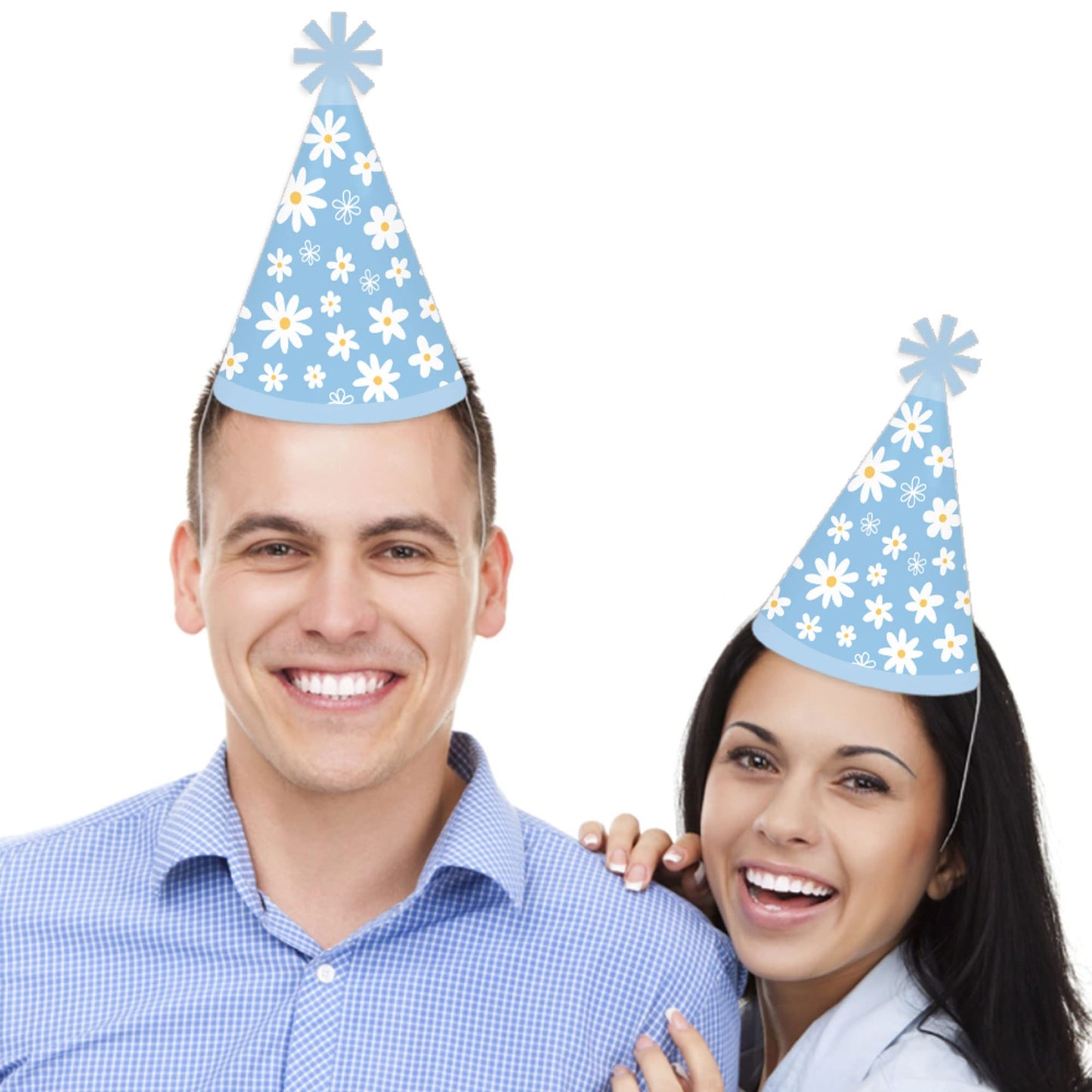 Big Dot of Happiness Blue Daisy Flowers - Cone Happy Birthday Party Hats for Kids and Adults - Set of 8 (Standard Size)