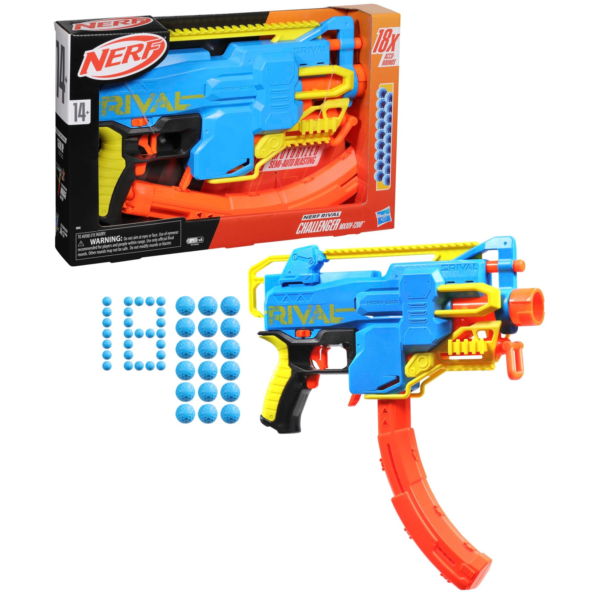 Nerf Rival Challenger MXXIV-1200 Motorized Blaster, Curved 12 Round Magazine, 18 Nerf Rival Accu-Rounds, Gifts for Teens