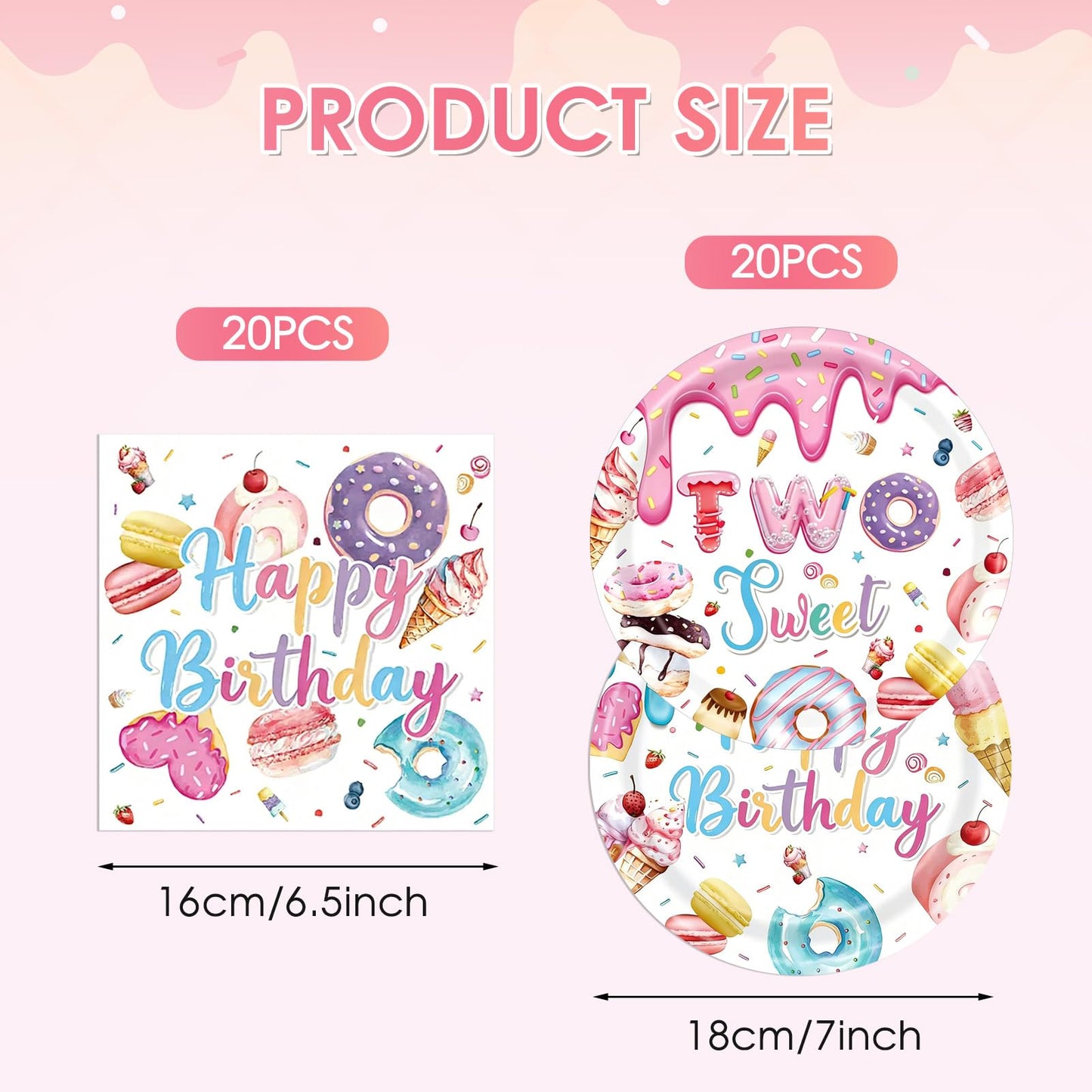 2nd Birthday Decorations for Girl,40PCS Two Sweet Birthday Decorations Includes Disposable Plates & Napkins,Girls 2 Year Old Sprinkle Donut Ice Cream