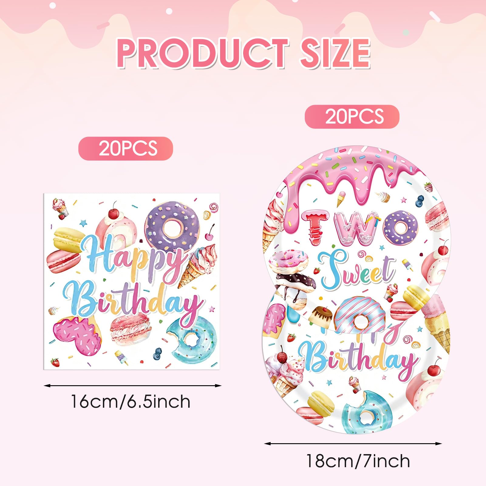 2nd Birthday Decorations for Girl,40PCS Two Sweet Birthday Decorations Includes Disposable Plates & Napkins,Girls 2 Year Old Sprinkle Donut Ice Cream