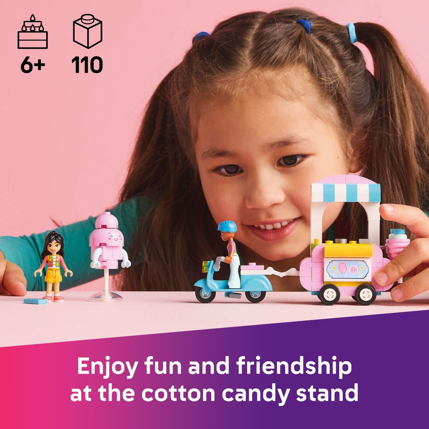 LEGO Friends Cotton Candy Stand and Scooter - Building Toy Pretend Play Set for Kids, Girls and Boys, Ages 6+ - with 2 Minidolls, Wheelable Food Cart