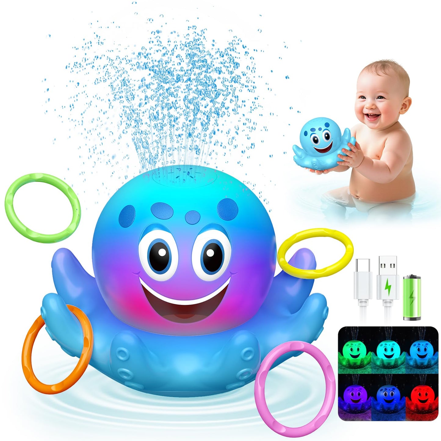 Octopus Bath Toys for Toddlers| Rechargeable Automatic Sprinkler Water Toys with LED Lights & 4 Toss Rings,150 Mins Battery Life,Baby Toys for 6-12