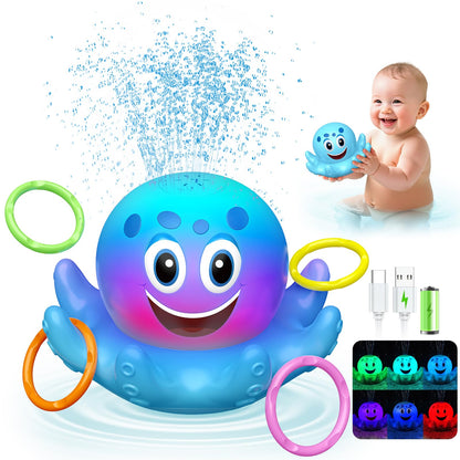 Octopus Bath Toys for Toddlers| Rechargeable Automatic Sprinkler Water Toys with LED Lights & 4 Toss Rings,150 Mins Battery Life,Baby Toys for 6-12