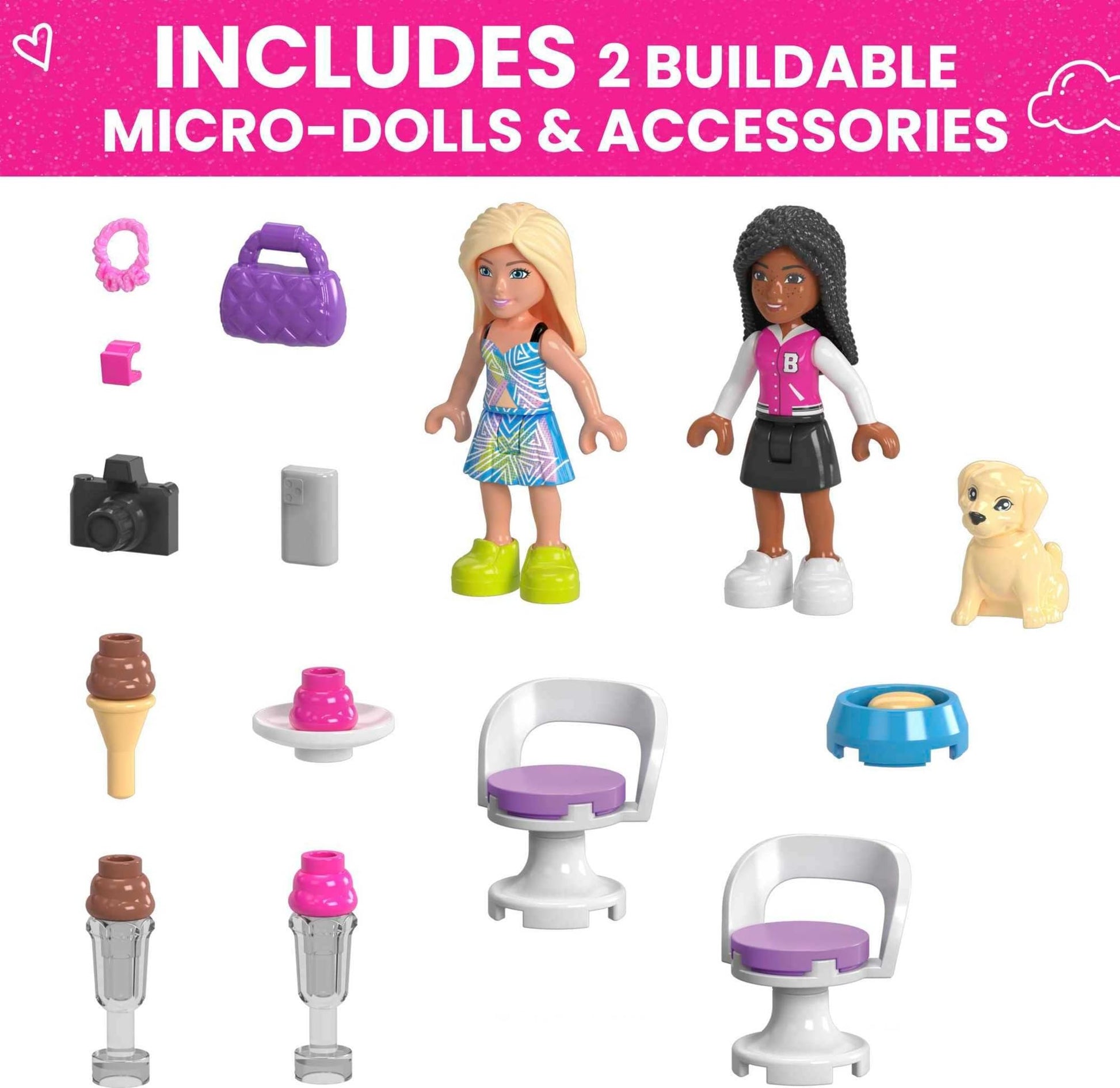 MEGA Barbie Kids Building Toy Set, Convertible & Ice Cream Stand with 226 Pieces, 2 Micro-Dolls and Accessories, Pink, Ages 6+ Years