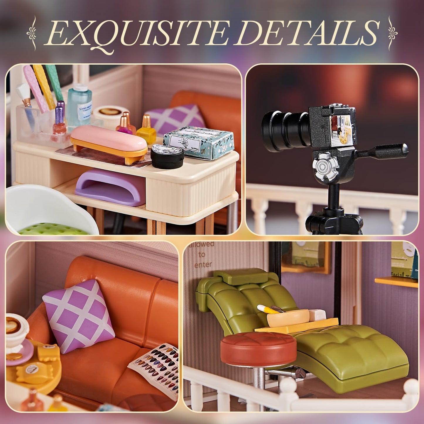 DIY Miniature House Kit Beauty Salon - 203 Piece Tiny House Dollhouse Mini Room with LED Light, Nail Art Studio & Makeup Room, Cozy Creative Craft