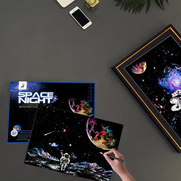 Space Series Scratch & Engraving Art Paper Kit (16"x11.2") for Teens & Adults - Rainbow Sketch Cosmos Astronaut Starry Sky Painting Painting